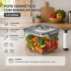 Pote Hermético Vácuo 1,5L com Bomba Manual Alimentos Vedação Tampa Trava