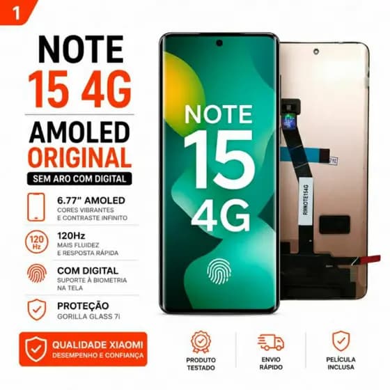 Display Redmi Note 15 4G Frontal Amoled Tela Sem Aro Com Digital 100% Original 120hz Curva Biometria