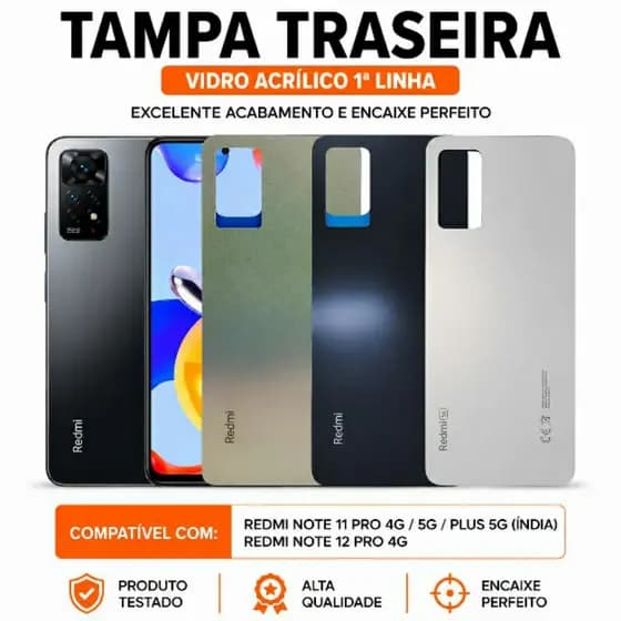 Tampa Traseira Redmi Note 11 Pro 4G/ 5G/ Plus Índia 5G 12 Pro 4G Carcaça 1° Linha Vidro Acrílico