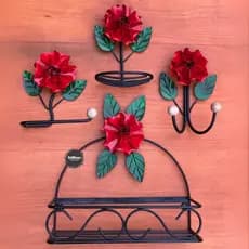 Kit banheiro completo com 4 peças artesanal em ferro decoração rústica vermelho