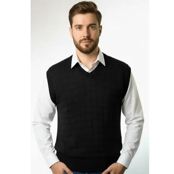Colete Masculino Social Tricot Texturizado Sobreposição Terno Gola V Inverno Elegante