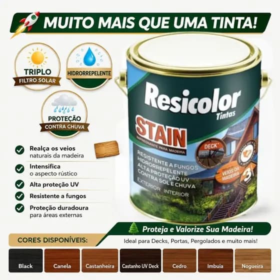 Stain Resicolor 3,6L Proteção Madeira Externa Interna Hidrorrepelente Alto Rendimento