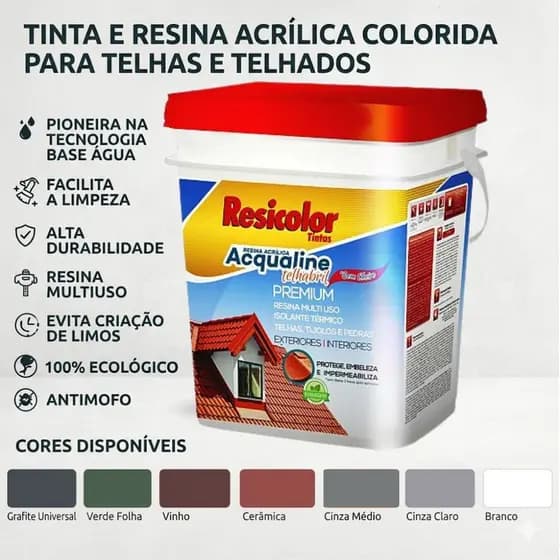 Resicolor Acqualine Premium: Tinta e Resina Acrílica Impermeab. p/ Telhados 18L p/ Fibrocimento