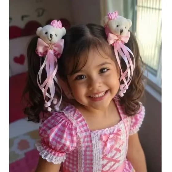 Laço Junino Infantil Ursinho Rosa Luxo com Fitas Longas | Bico de Pato