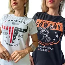 Kit 2 Camisetas Femininas Country Boiadeira  Blusa Cavalo Estampa Sertaneja Estilosa T-Shirt Rodeio