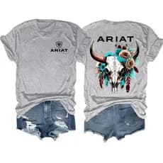Camiseta Feminina Country ARIAT Caveira Flores T-shirt Cowgirl Rodeio Camisa Boiadeira 100% Algodão