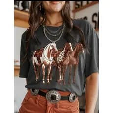 Camisa Feminina Country Estampada – Cavalo Western Moda Sertaneja Malha Algodão Confortável