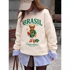 Moletom Feminino Urso Bear Inverno 2026 Blusa de Frio Algodão Flanelado Casual Tumblr Blogueira