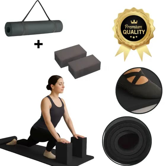 Kit Tapete Yogamat Tatame 1,70mx55cmx10mm e 2 Bloquinhos Blocos De Eva Tijolo Yoga Joy