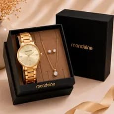 Kit Relógio Feminino + Colar e Brincos Original Mondaine Dourado Presente Mãe Namorada