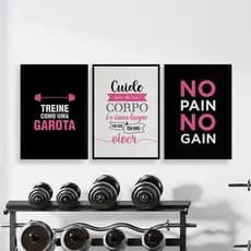 Kit 3 Quadros Decorativos, Plaquinhas Treine Como Uma Garota, No Pain No Gain, Rosa, Para Academia, Quarto, MDF 20x28.