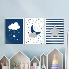 Kit 3 Quadros Decorativos, Lua, Estrela, Nuvem, Para Decoração de Quarto de Menino, Criança, Azul.