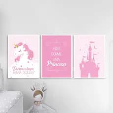 Kit 3 Quadros prncesa, castelo, unicornio. decoração infantil quarto de menina MDF 20X28