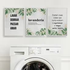 Kit 3 Quadros Lavanderia de Folhagem verde minimalista, decoração de casa MDF 20x28