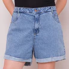 short jeans feminino plus size  Barra Dobrada  Cintura Alta SEM ELASTANO COM BOLSO FRENTE E ATRAS