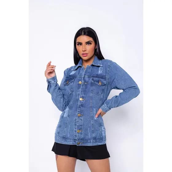 Max Jaqueta Jeans Feminino Longer Rasgado Parka Com Barra