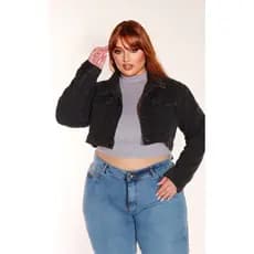 Jaqueta Cropped Jeans Plus Size Feminina Black,preta grafit，plus size，lancamento