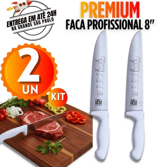 Kit 3 / 2 Facas Aço Inox 8" – Açougue, Churrasco e Cozinha Cabo Branco Faca Churrasco