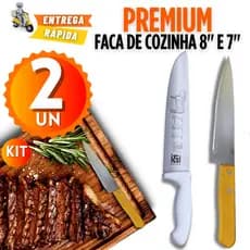 Faca Carne Chef Aço Cabo Branco 8'' E 7" Madeira Profissional Churrasco