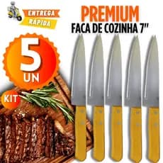 Kit 05/4/3/2 Faca De Cozinha Inox Profissional 7 Cabo Madeira 30,1CM - Excelente para sua Cozinha E Casa