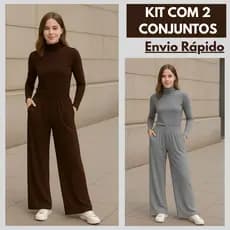 Kit com 2 Conjunto Calça Pantalona Com Bolso nas Laterais e Blusa Feminina Estilosa Manga Longa Gola Alta Viscolycra