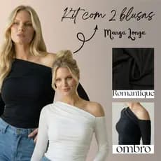 Kit com 2 Blusas feminina estilosa manga longa detalhe ombro drapeado