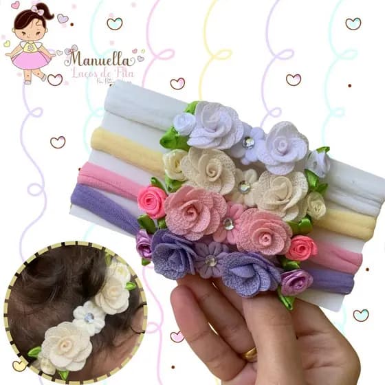 Kit 4 Faixinhas Tiara para Bebê Flores Encantada Menina Rn Maternidade