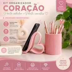 KIT ORGANIZADOR CORAÇÃO – PORTA CELULAR + PORTA CANETAS ORGANIZADOR DE MESA