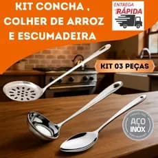 Kit Conjunto Cozinha Utensílios 3 Peças 100% Aço Inox Colher Escumadeira Concha