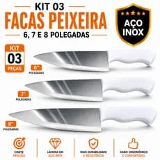 Kit  3 Facas Peixeira em Inox Premium 6", 7" e 8" Polegadas Para Carnes, Peixes, legumes, Açougue, Cozinha Churrascaria