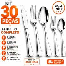 Kit Talheres 30 Peças Aço Inox Completo  Facas, Garfos, Colheres Mesa + Garfos e  Colheres Sobremesa Resistente Forte