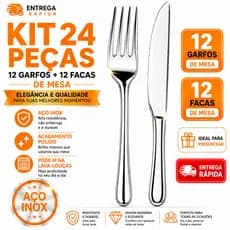 Kit 24 Peças Talheres Aço Inox 12 Garfos + 12 Facas de Mesa Resistente Faqueiro Cozinha Restaurante Buffet Mesa Posta