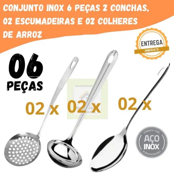 Kit Conjunto Inox Premium 6 Peças 2 Colheres de Arroz, 2 Conchas 2 Escumadeiras Restaurante Buffet Doméstico