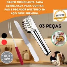 KIT DE 3 PEÇAS GARFO TRINCHANTE PARA CHURRASCO, FACA PARA CORTAR PÃO E PEGADOR DE MASSAS EM INOX PADARIA, COZINHA