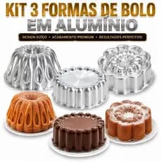 Kit 3 Formas Bolo Alumínio Profissional Formas Bolo Vulcão, Flor Margarida e Charlotte Não Gruda