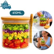 Pote Redondo De Vidro 610ML Tampa e Colher De Bambu Pote Hermetico Para Salada Frutas Açúcar Castanhas Temperos