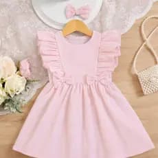 👗 Vestido Infantil Bebê Menina Luxo Festa Verão Rosa Aniversário, Batizado – Acompanha Lacinho de Cabelo – Veste 1 a 4