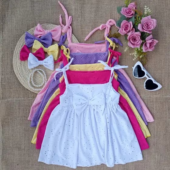 Vestido Menina Bebe Algodão Conforto Verão Branco Rosa Lilás Amarelo Pink Festas