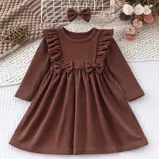 Vestido Infantil Bebê Menina Manga Longa Marrom + Laçinho de Cabelo| Roupa Infantil Confortável Inverno  Veste1 a 4 Anos
