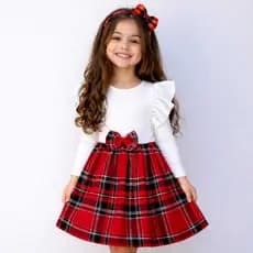 Vestido de Inverno Femino Infantil Menina Festa Manga longa Vestido Xadrez Acompanha  Tiara Lacinho inverno