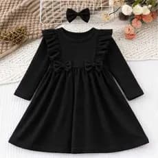Vestido Preto Infantil Menina Bebê Manga Longa Roupa de Frio Confortável 1 ao 4 Anos Laço De Cabelo  Princesa