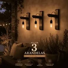 Arandela Rústica de Madeira Kit com 3 Luminárias Estilo Industrial Retrô Decoração Parede Varanda