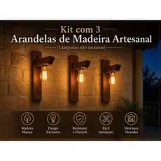 Kit 3 Arandelas Madeira Rústica Com Bocal Embutido Parede Vintage Varanda