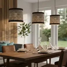KIT COM 3 LUMINARIA LUSTRE PENDENTE MADEIRA COM SISAL 17 CM DE DIÂMETRO