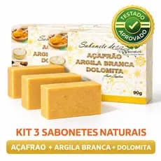 3 sabonetes clareadores açafrão dolomita e argila branca auxilia manchas e regiões escurecidas