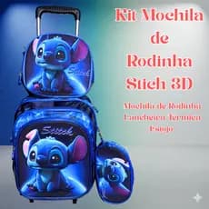 Kit Mochila de Rodinha Escolar Stitch 3D Infantil Menino Masculina com Lancheira Térmica e Estojo