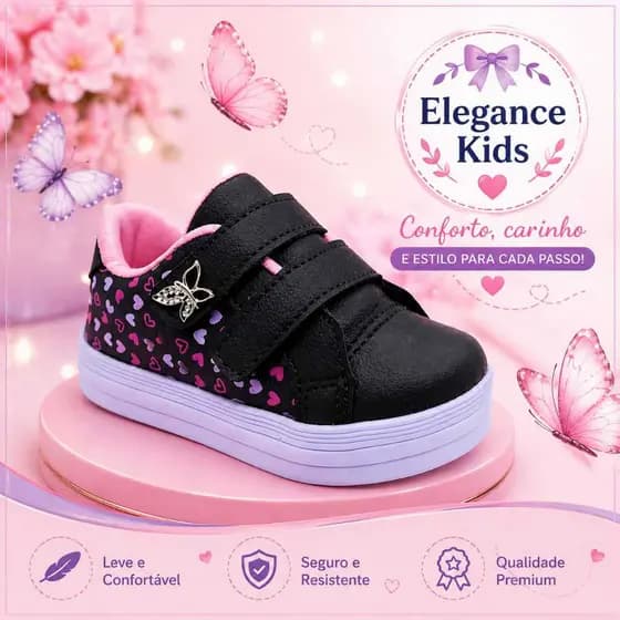 Tênis Infantil Menina Borboleta Velcro Duplo 20 ao 34