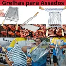 Grelha de churrasco Peixeira tipo moeda Zincada Dupla para assados tulipas cabo madeira fácil virar