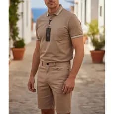 Kit Bermuda Masculina Elastano Pool + Polo Premium. Bege Alta Tendência! Qualidade Excelente! SUPER OFERTA!!!