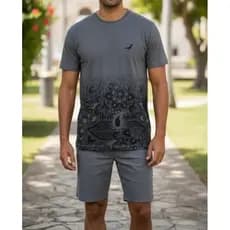 kit Bermuda Masculina Alfaiataria Elastano + Camiseta Algodão Premium Stoned Cinza. Excelente Qualidade!